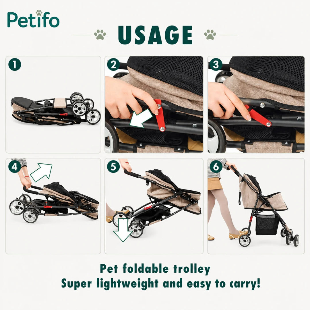 Step-by-step visual guide demonstrating how to fold and unfold the lightweight Petifo pet trolley