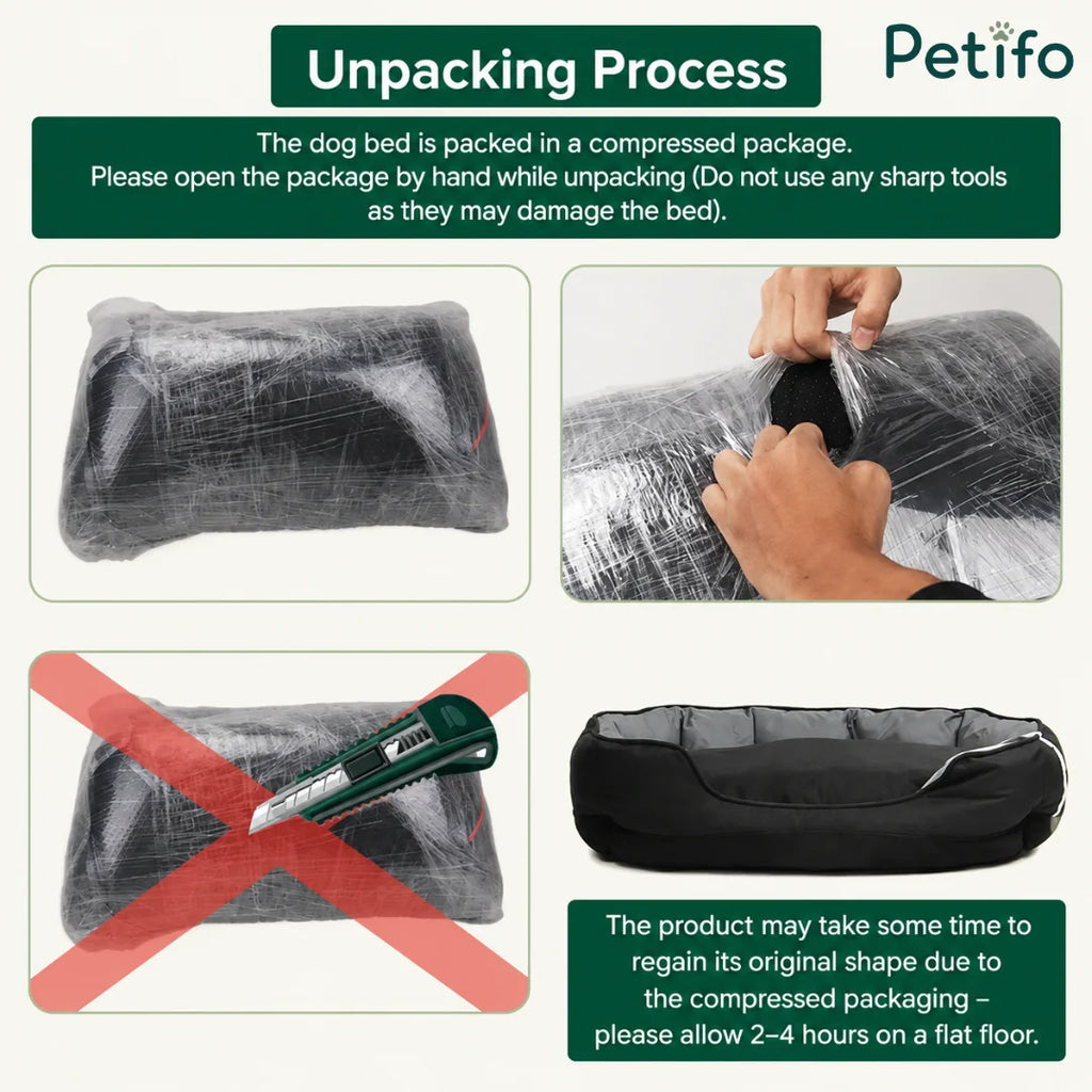 Step-by-step instructions on how to safely unpack and expand a compressed pet bed.