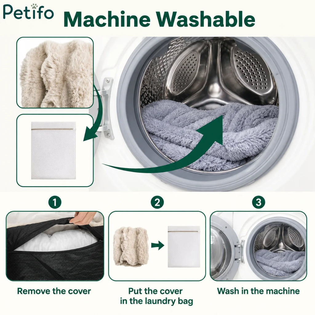 Step-by-step guide on how to wash a Petifo dog bed cover using a laundry bag in a washing machine.