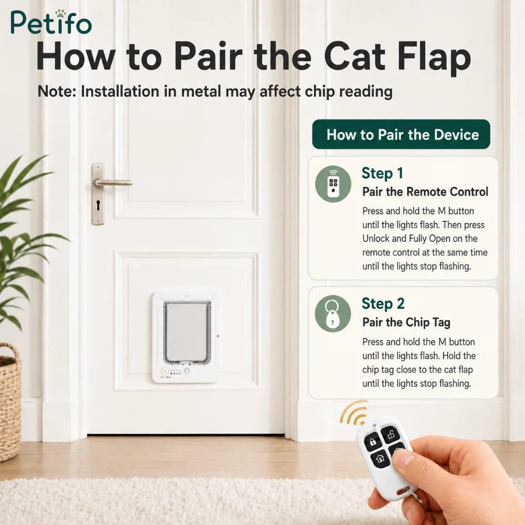 Step-by-step guide on how to pair the remote control and RFID chip collar with the PetVent smart microchip cat flap.