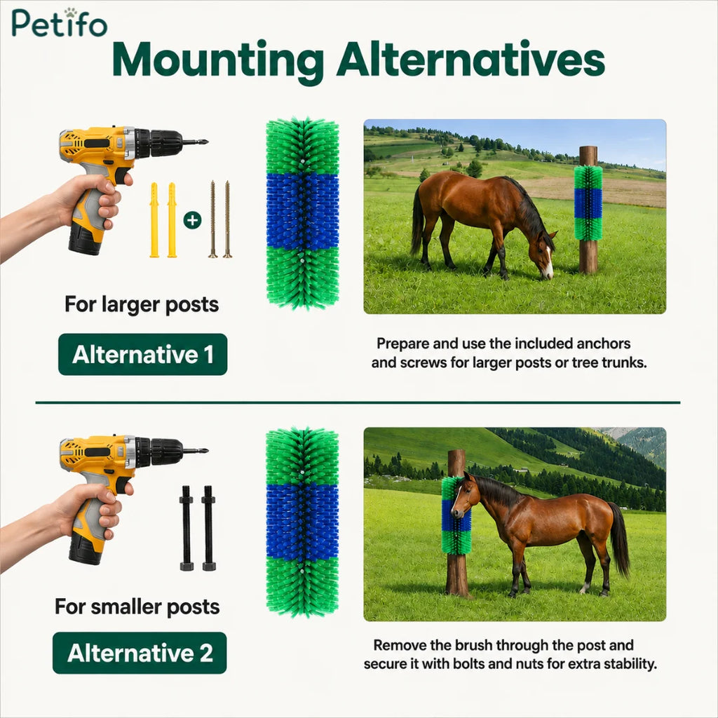 Step-by-step mounting guide showing hardware instructions for attaching the horse scratching brush to large or small wooden posts.