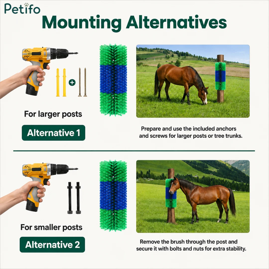 Step-by-step mounting guide showing hardware instructions for attaching the horse scratching brush to large or small wooden posts.
