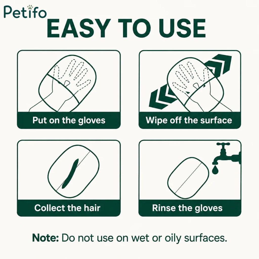 Step-by-step instructions for the Petifo hair removal gloves showing how to put them on, wipe surfaces, collect hair, and rinse them clean, with a note advising against use on wet or oily surfaces.