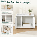 A detailed infographic showing the storage capabilities of the Petifo unit, featuring a wide top surface, an internal adjustable divider for organization, and a versatile side storage pocket.