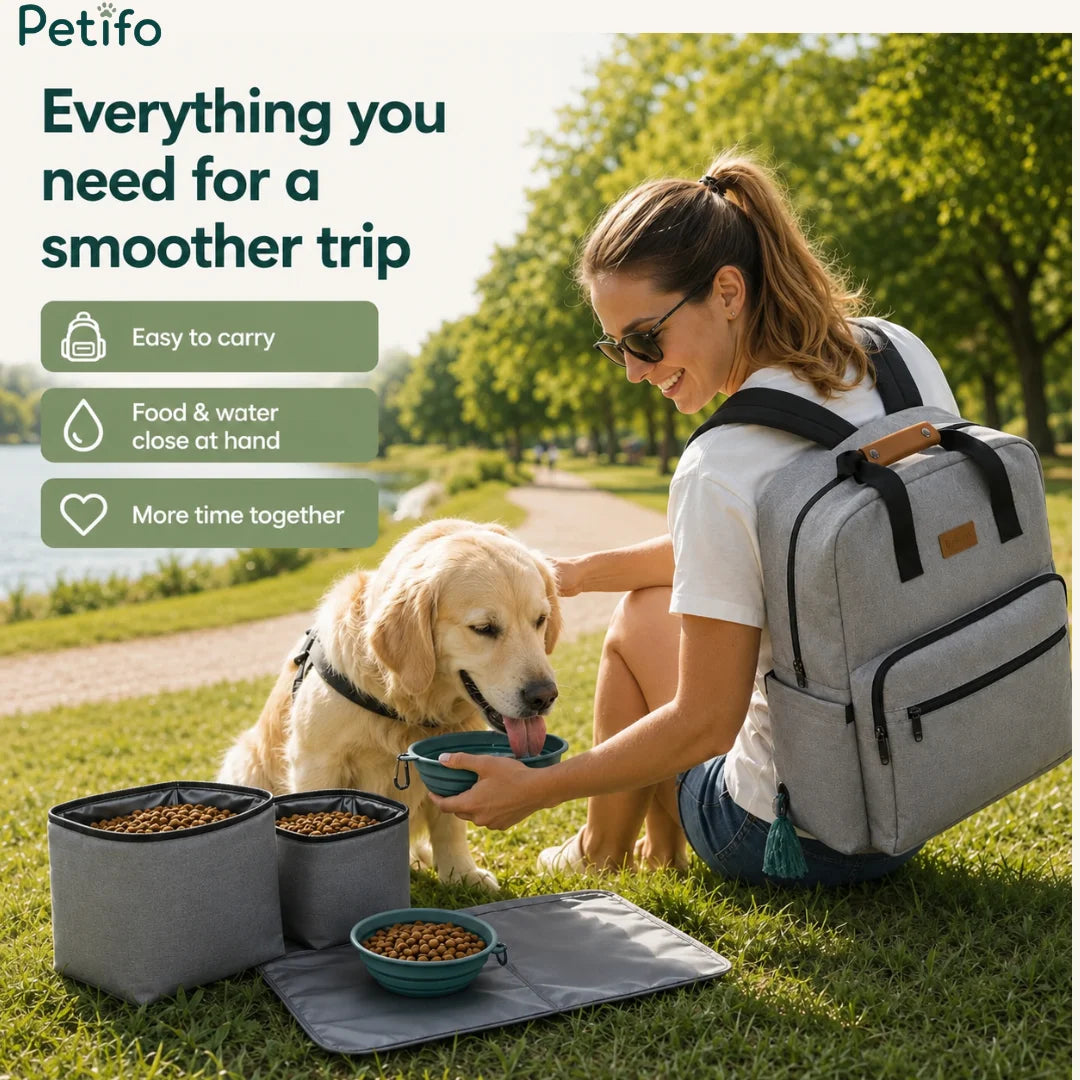 Woman sitting in a park feeding her dog water from a collapsible bowl next to Petifo storage containers.