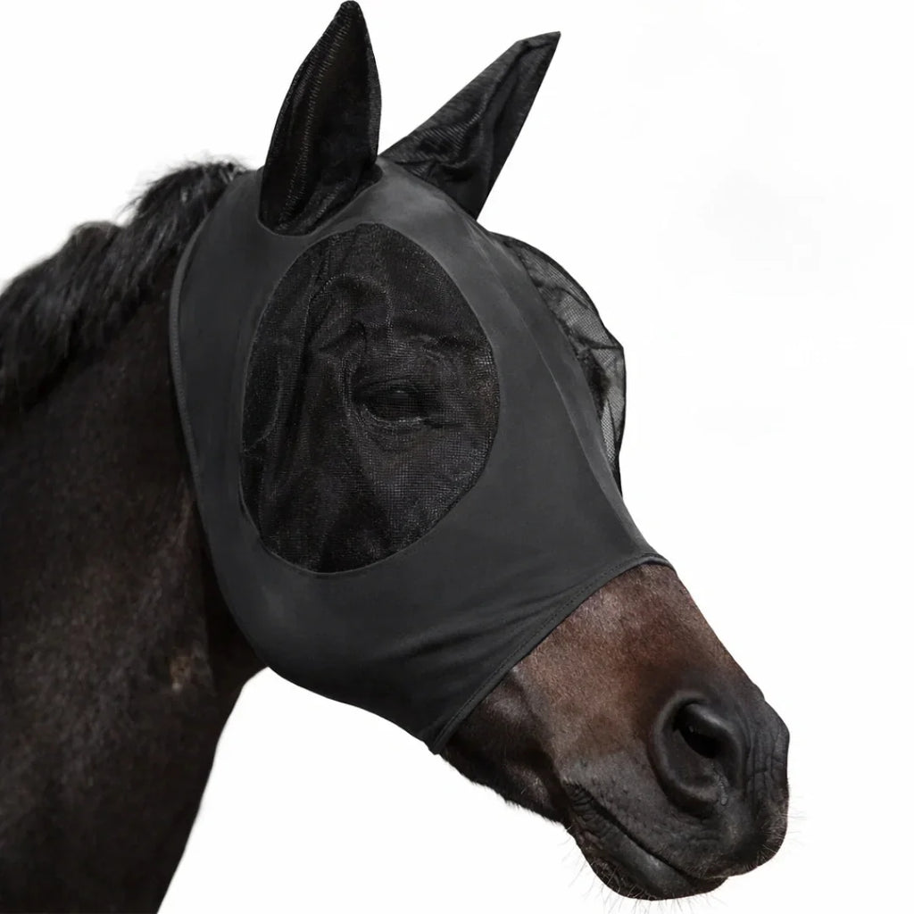 Black stretch horse fly mask with fine mesh ears and eyes for full face insect protection.