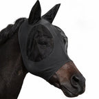 Black stretch horse fly mask with fine mesh ears and eyes for full face insect protection.