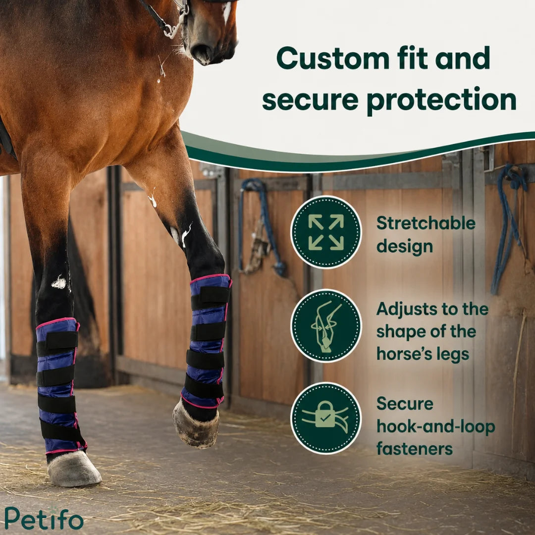 Stretchable horse ice boots featuring secure hook-and-loop fasteners for a custom fit.