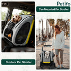 A Petifo pet stroller shown in two modes: securely mounted in a car and used as a comfortable outdoor stroller for small dogs.