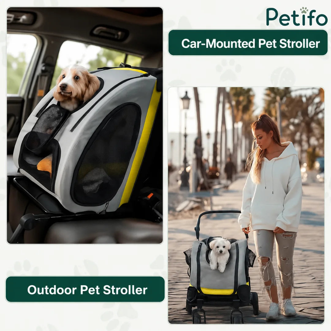 A Petifo pet stroller shown in two modes: securely mounted in a car and used as a comfortable outdoor stroller for small dogs.
