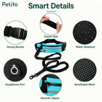 Detailed smart features of the Petifo running belt, showcasing the strong buckle, elastic belt, water-resistant material, breathable mesh, smooth zipper, and headphone port.