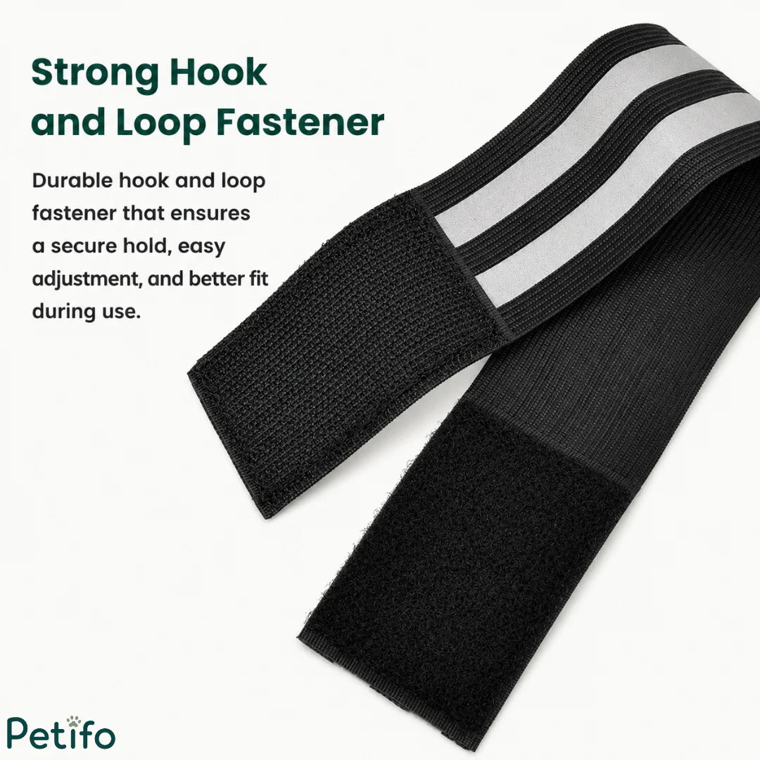 Detailed view of the strong hook and loop fastener on a black reflective horse strap.