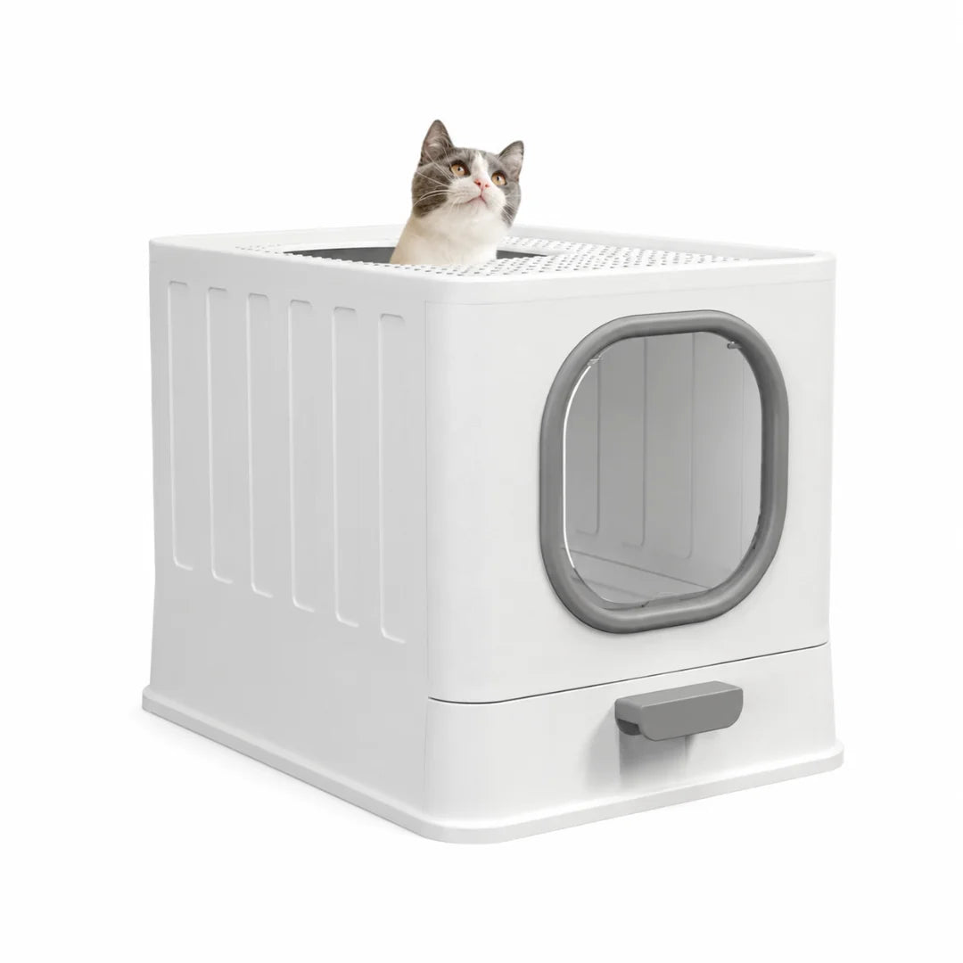 A studio shot of a white top-entry cat litter box with a gray front door and a pull-out cleaning drawer.
