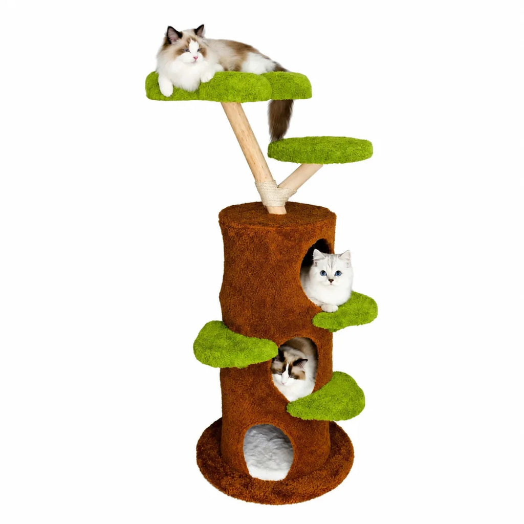 Studio shot of a tree-shaped cat tower with white background, featuring three cats on various platforms.
