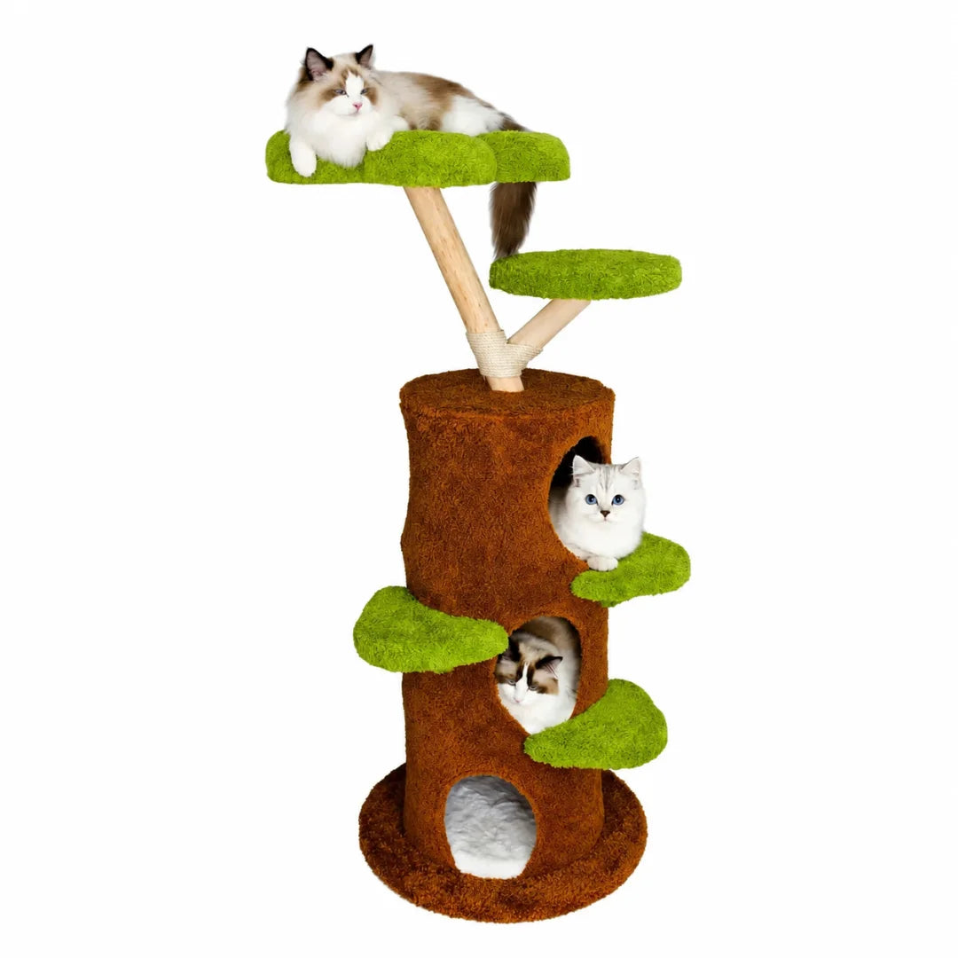 Studio shot of a tree-shaped cat tower with white background, featuring three cats on various platforms.