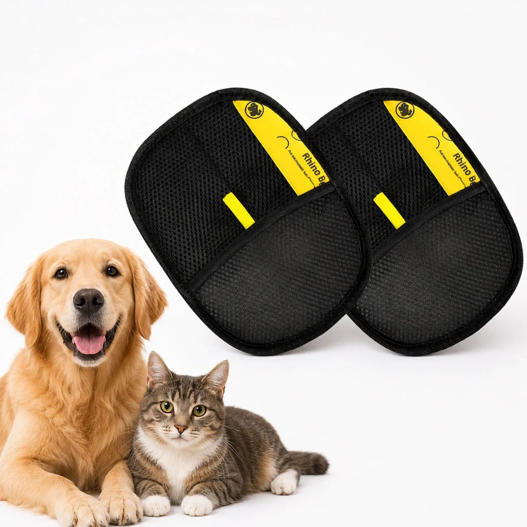 Studio product shot featuring a pair of black and yellow Petifo hair removal gloves alongside a golden retriever dog and a tabby cat.