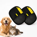 Studio product shot featuring a pair of black and yellow Petifo hair removal gloves alongside a golden retriever dog and a tabby cat.