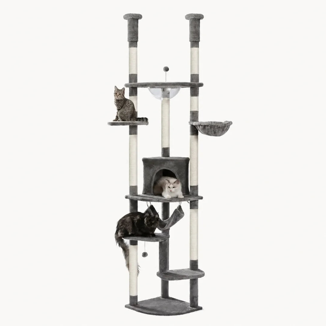 Sturdy grey multi-level cat condo tower with an acrylic bowl perch, hammocks, and sisal-wrapped scratching posts.