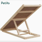The underside view of an adjustable wooden pet ramp showing the sturdy support frame and mechanism for height customization.