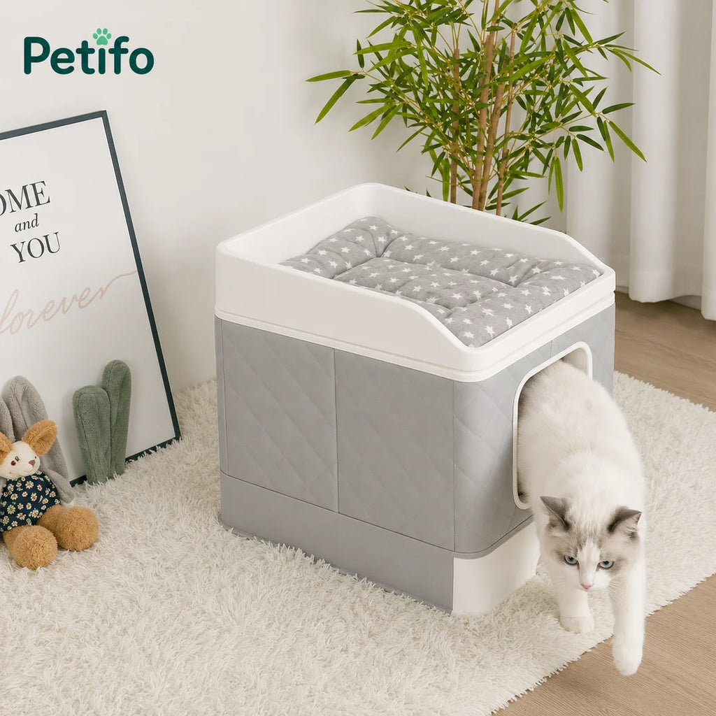 Stylish Petifo enclosed cat litter box with a top-exit design and soft grey bedding for a dual-purpose furniture piece.