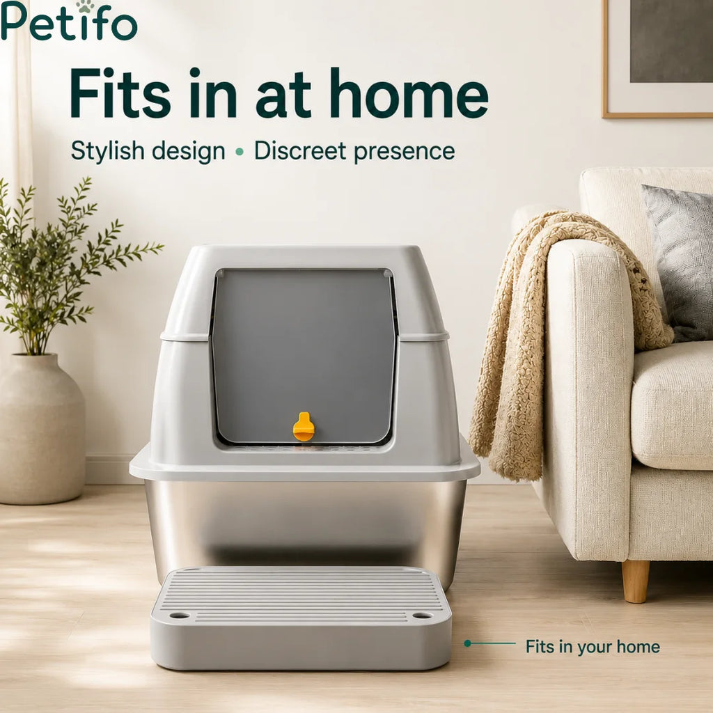 Stylish, modern cat litter box designed to blend seamlessly and discreetly into home interiors.