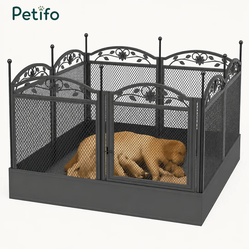 A stylish and durable Petifo metal dog playpen on a white background, featuring a secure door and protective base panel for puppy containment.