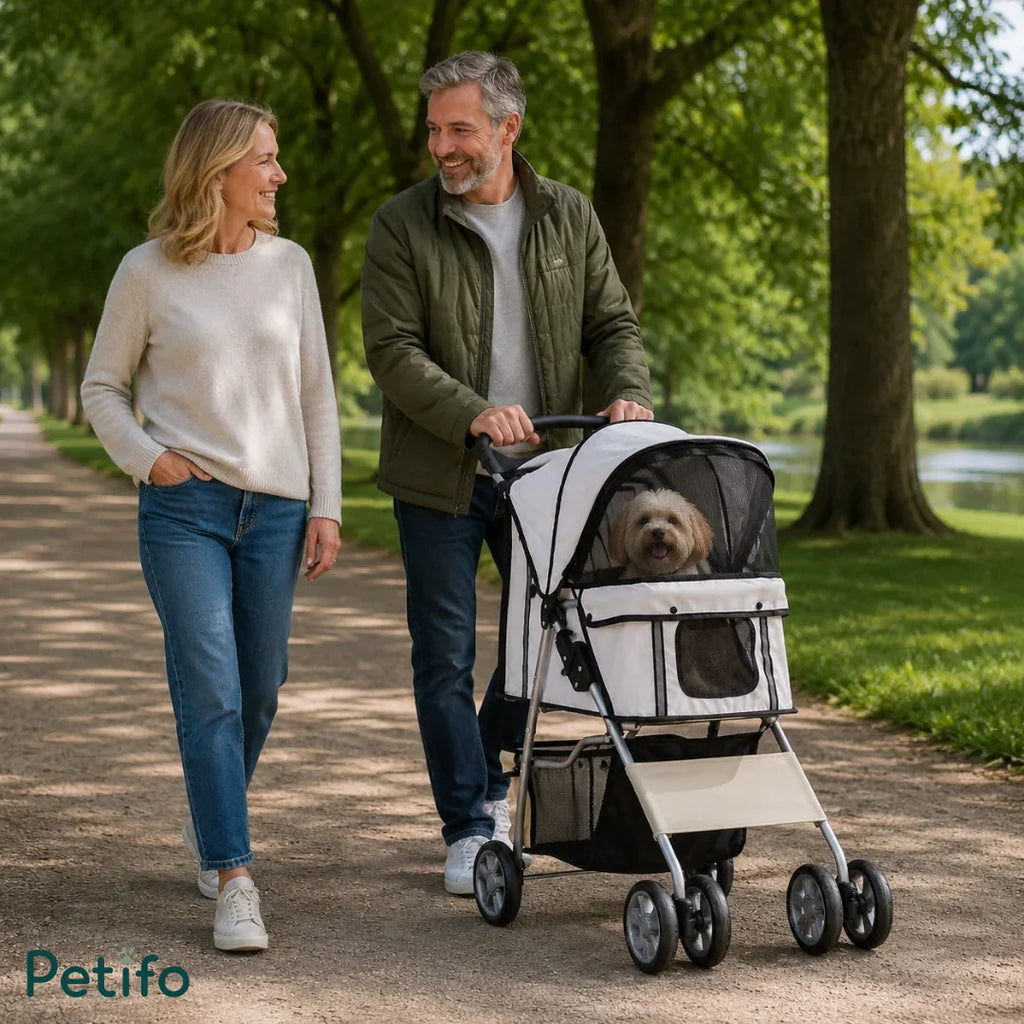 A couple walking together in a park, pushing their pet in a stylish white Petifo pet stroller.