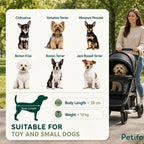 Suitability guide for the Petifo pet stroller, indicating it is ideal for toy and small dog breeds weighing less than 10 kg with body lengths under 35 cm.