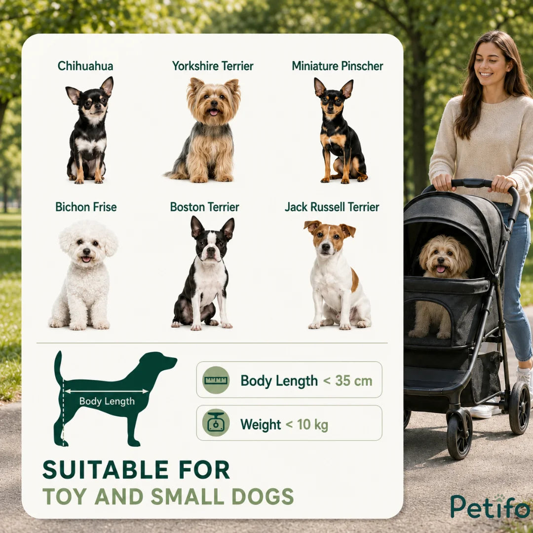 Suitability guide for the Petifo pet stroller, indicating it is ideal for toy and small dog breeds weighing less than 10 kg with body lengths under 35 cm.