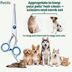 Comprehensive pet grooming scissor and comb set suitable for maintaining the coats of various long-haired and short-haired cats and dogs.