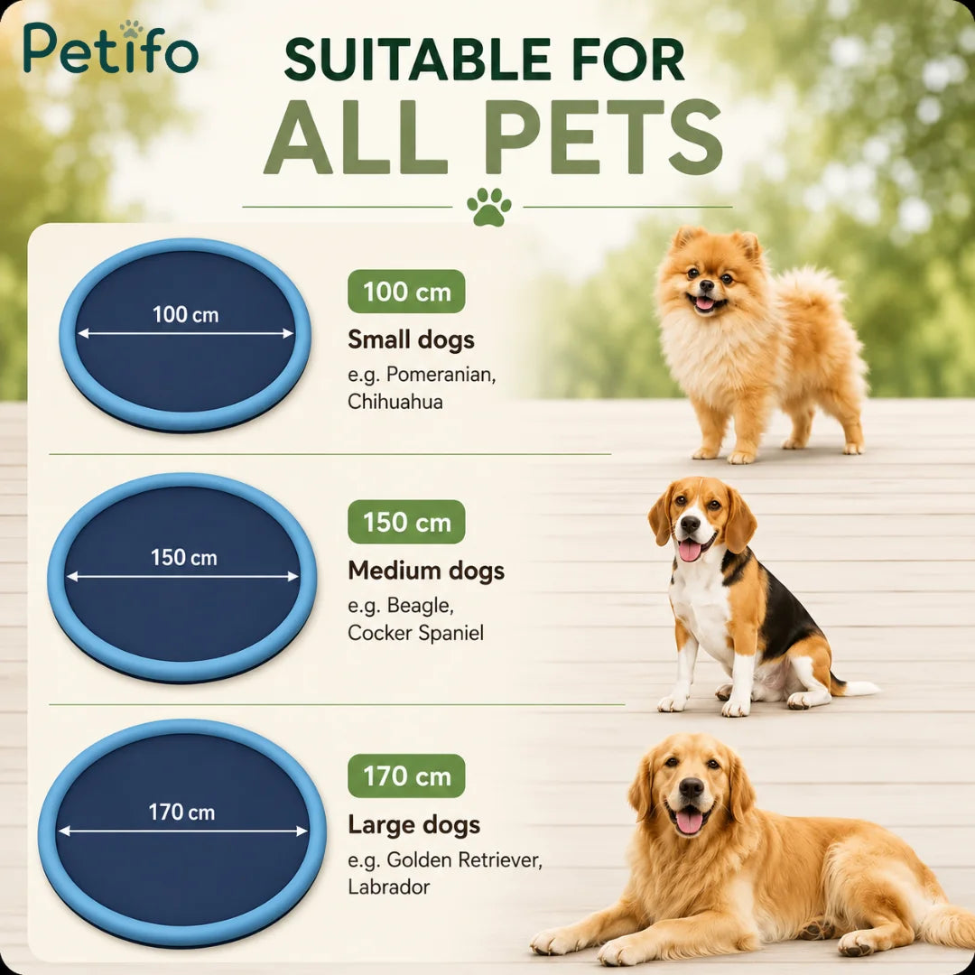Size comparison chart for the dog sprinkler pool showing 100 cm, 150 cm, and 170 cm options suitable for all pets.
