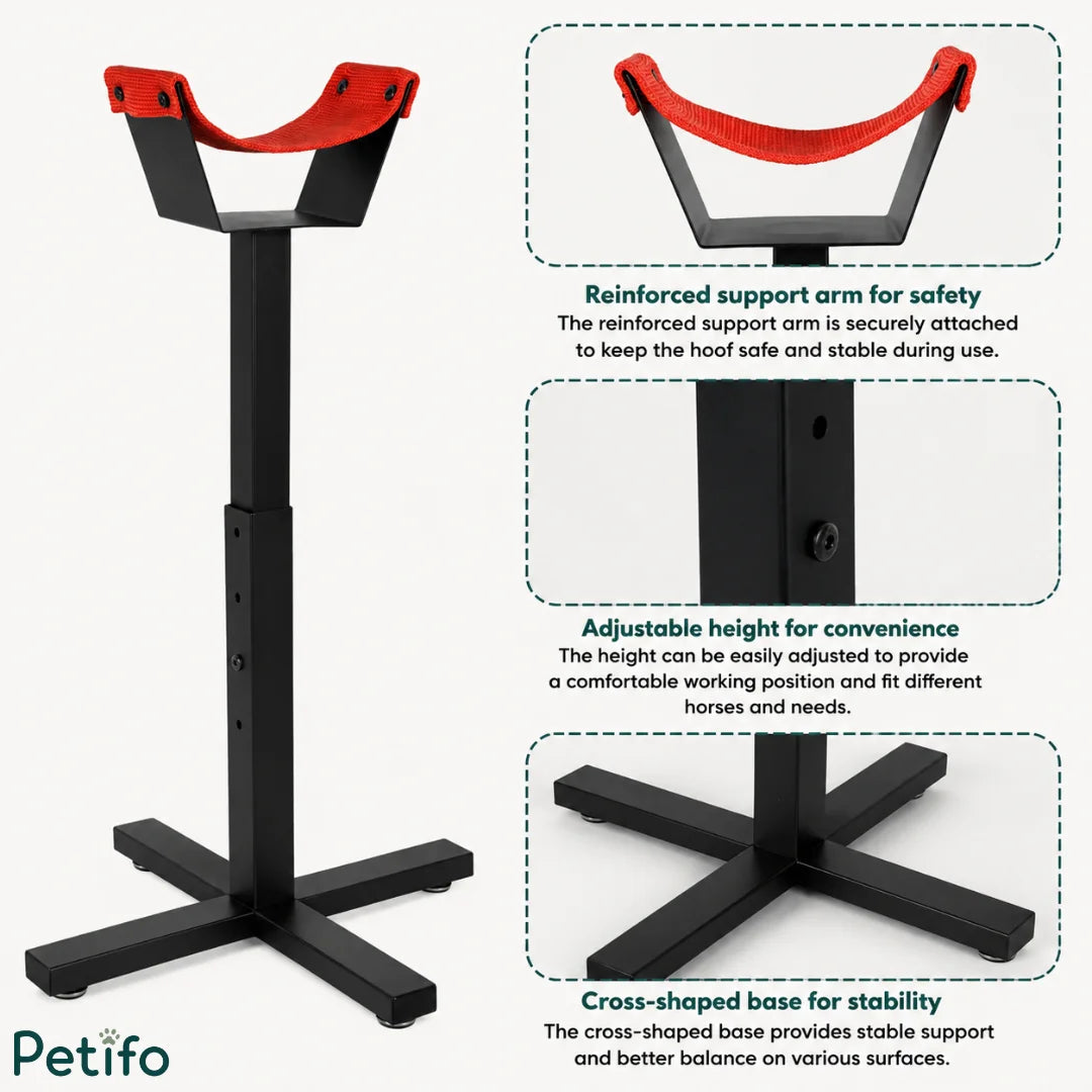 Product details showing the reinforced support arm, adjustable height mechanism, and cross-shaped base of the hoof stand.