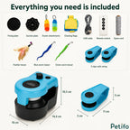 Complete product parts breakdown including teaser attachments, suction plate, remote control, and exact device dimensions.
