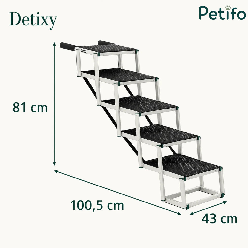 Technical dimensions diagram for fully extended Detixy pet stairs showing a height of 81 cm and length of 100.5 cm.