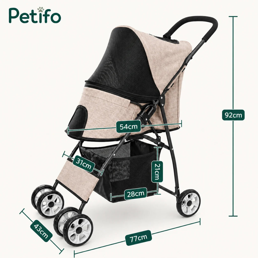 Technical diagram of the beige Petifo pet stroller showing exact dimensions in centimeters for the frame and basket.