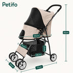 Technical diagram of the beige Petifo pet stroller showing exact dimensions in centimeters for the frame and basket.