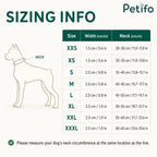 A technical sizing chart for dog collars, listing width and neck measurements for sizes ranging from XXS to XXXL.