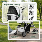 Technical details of the Petifo pet stroller, highlighting the adjustable canopy, 6-inch swivel front wheels, and rear wheels with a locking brake system.