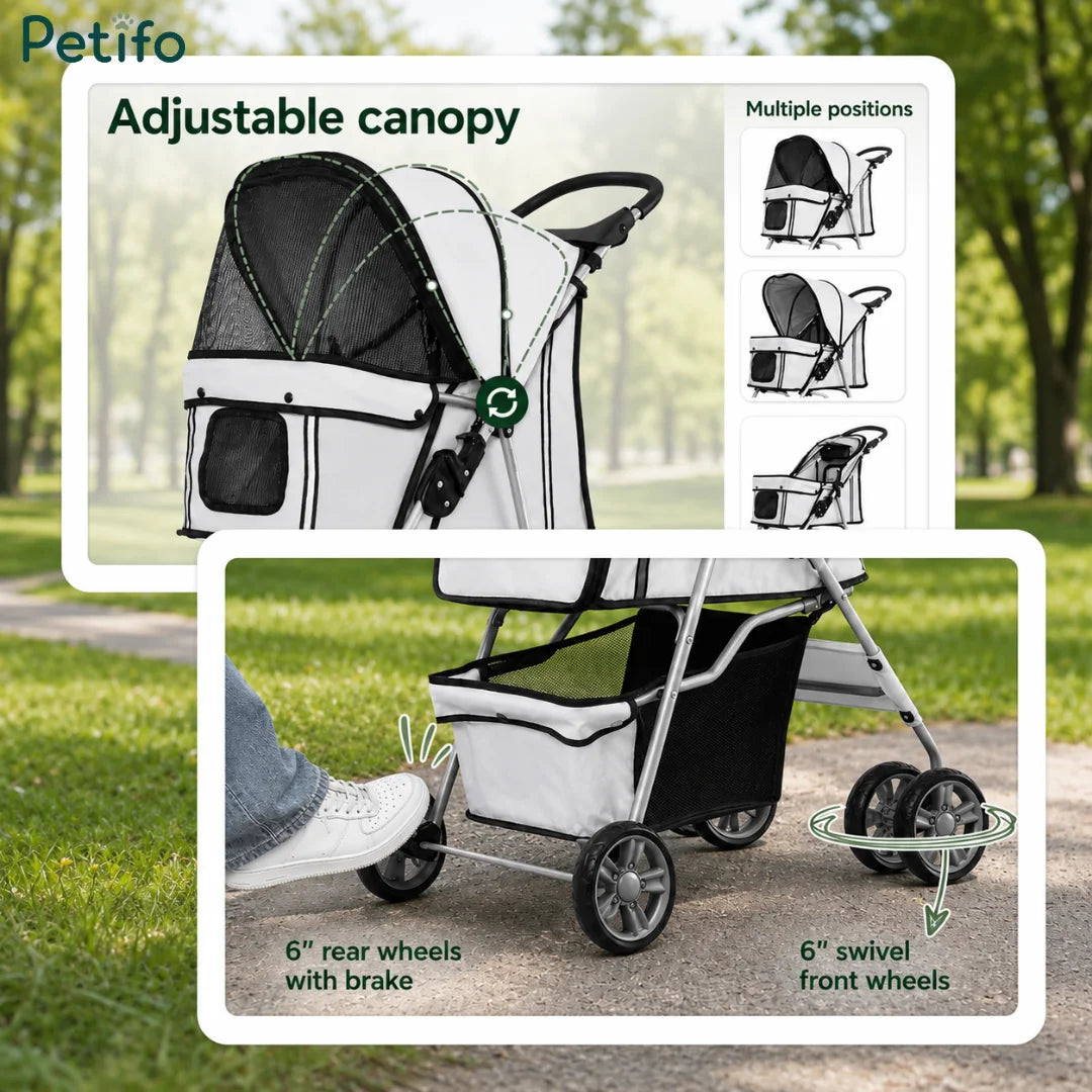 Technical details of the Petifo pet stroller, highlighting the adjustable canopy, 6-inch swivel front wheels, and rear wheels with a locking brake system.