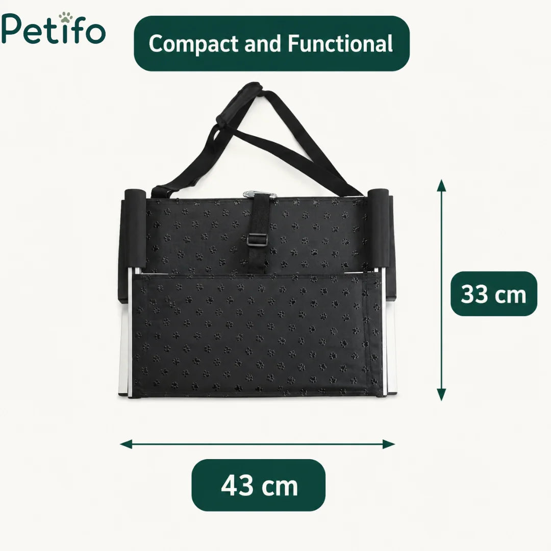 Technical diagram showing the compact folded dimensions of the Detixy portable dog staircase as 43 cm by 33 cm.