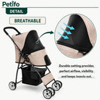 Technical diagram of the beige Petifo pet stroller showing exact dimensions in centimeters for the frame and basket.