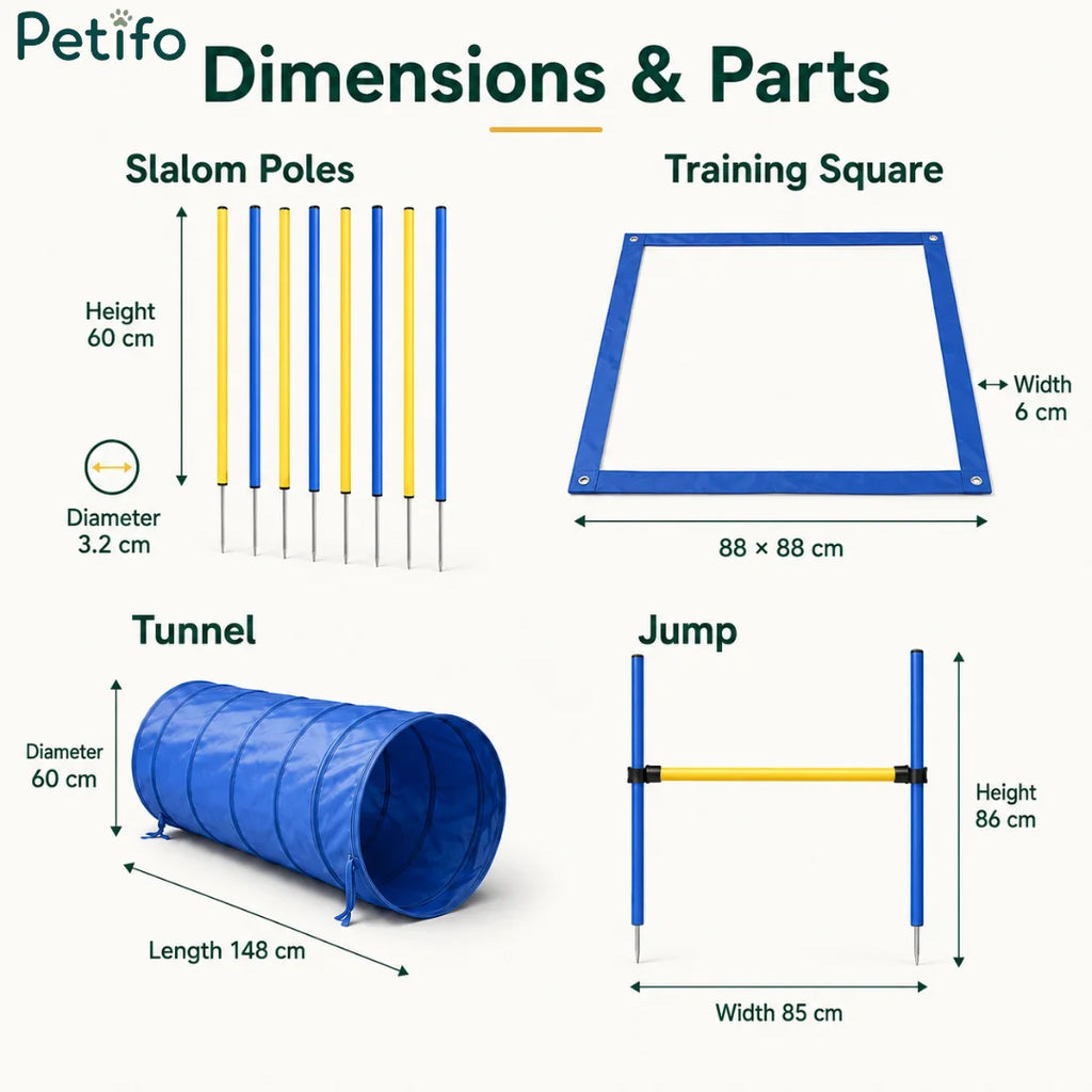 Technical diagram displaying the dimensions and components for the Petifo dog agility tunnel, hurdle, poles, and square.
