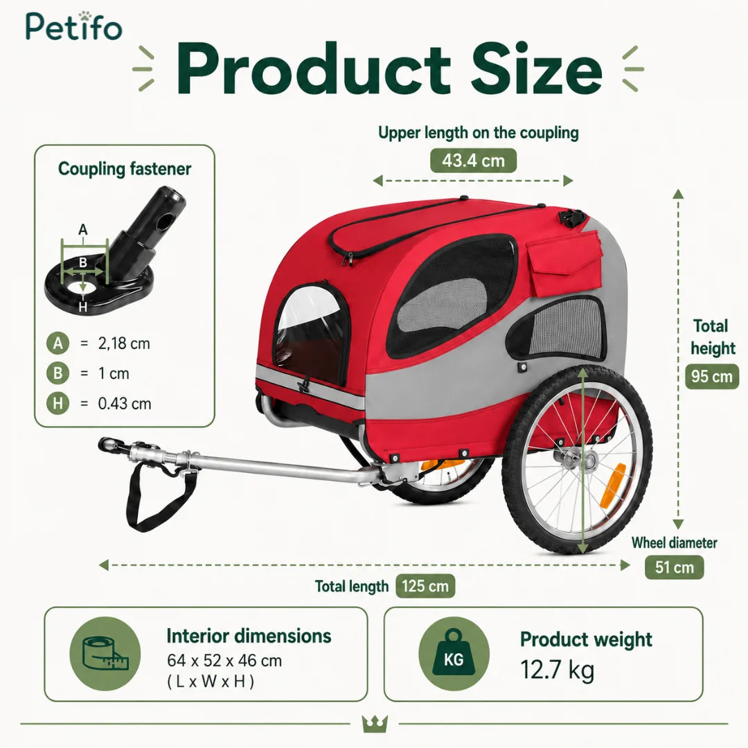 Technical diagram of the Petifo pet bike trailer displaying a total height of 95 cm, total length of 125 cm, interior dimensions of 64 x 52 x 46 cm, a product weight of 12.7 kg, and detailed coupling fastener measurements.