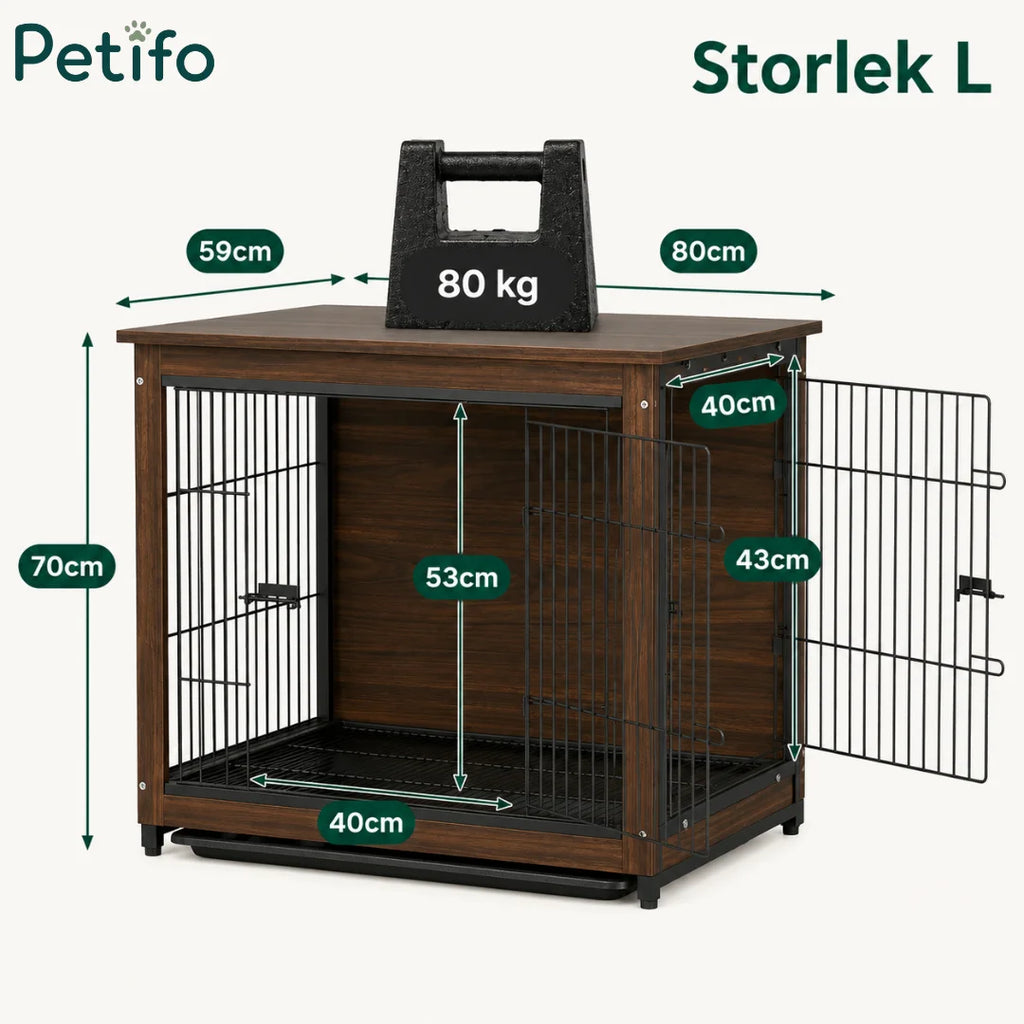 Technical weight capacity illustration of the Large size Petifo wooden dog crate furniture showing a 80kg load limit.