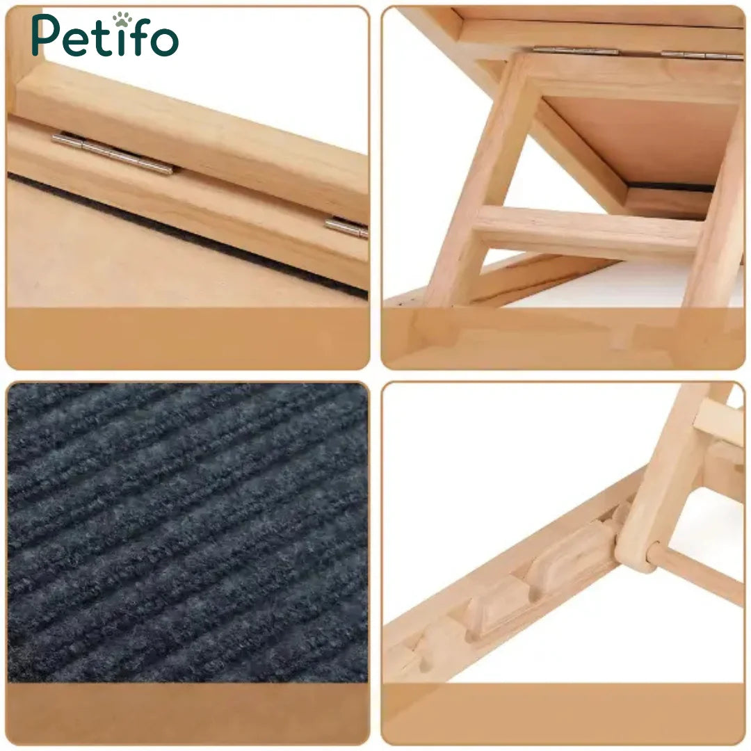 Detailed close-up shots showing the hinges, construction, textured non-slip surface, and height adjustment slots of a wooden pet ramp.