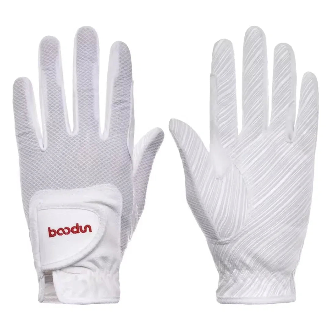 White equestrian riding gloves displayed with front and textured palm views.