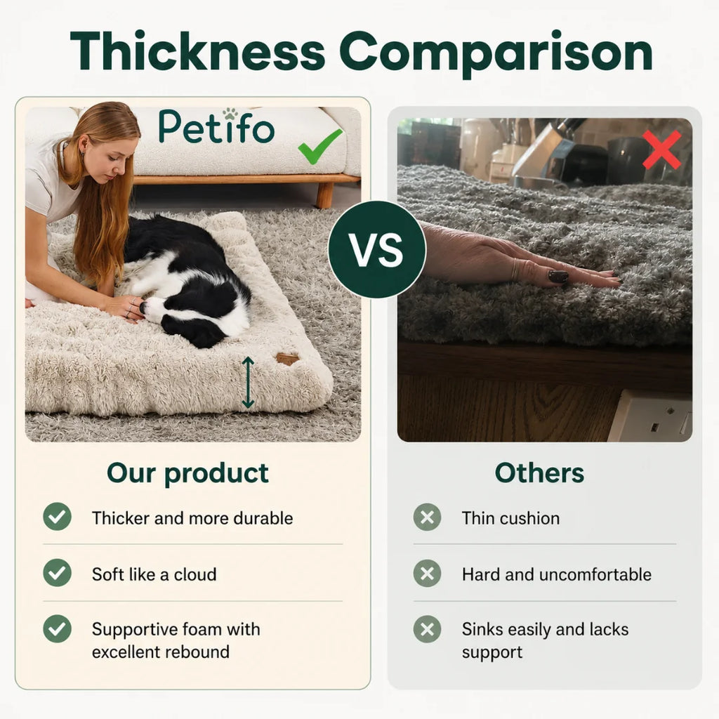 Thickness comparison highlighting the superior support and durability of the Petifo pet bed versus thin alternatives.