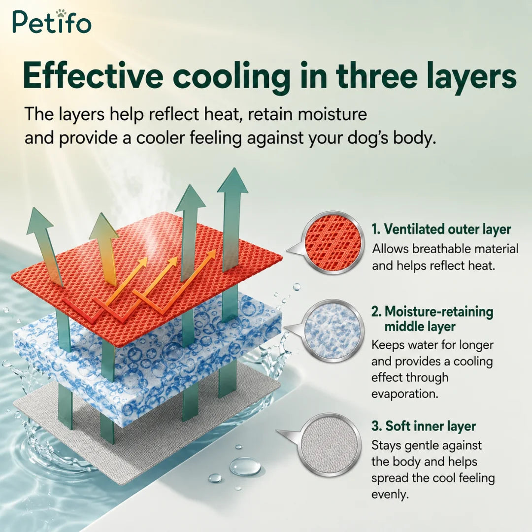 Educational diagram illustrating the three-layer cooling technology of the dog vest.