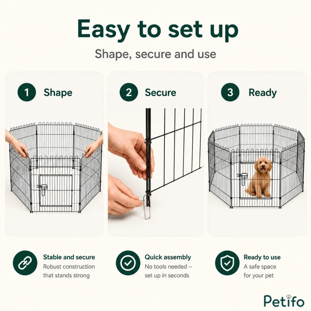 Three-step visual setup guide demonstrating how to shape, secure, and use the pet enclosure.