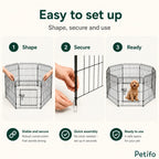 Three-step visual setup guide demonstrating how to shape, secure, and use the pet enclosure.